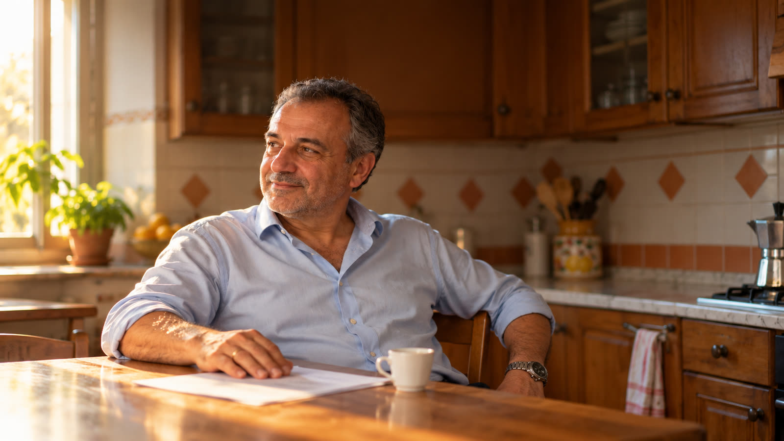 Maurizio sereno al tavolo di cucina, il foglio delle analisi davanti