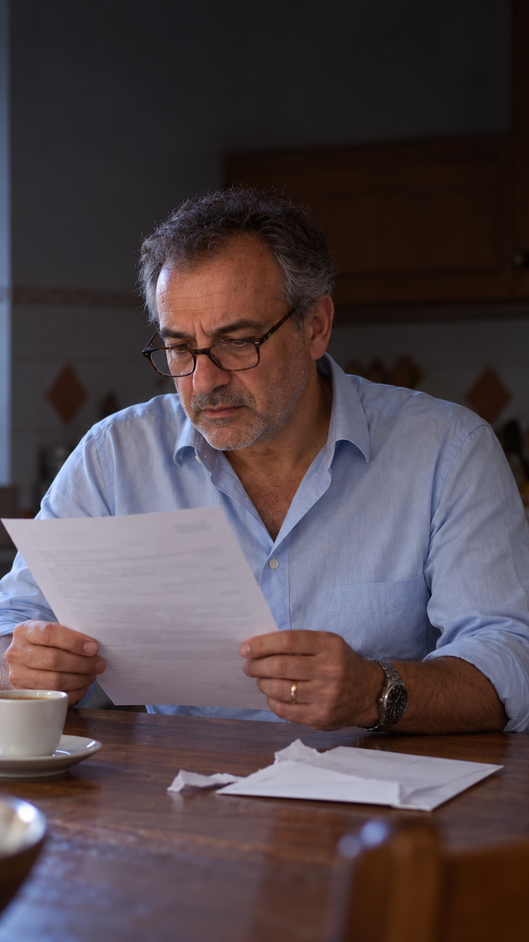 Maurizio legge il referto delle analisi in cucina, preoccupato