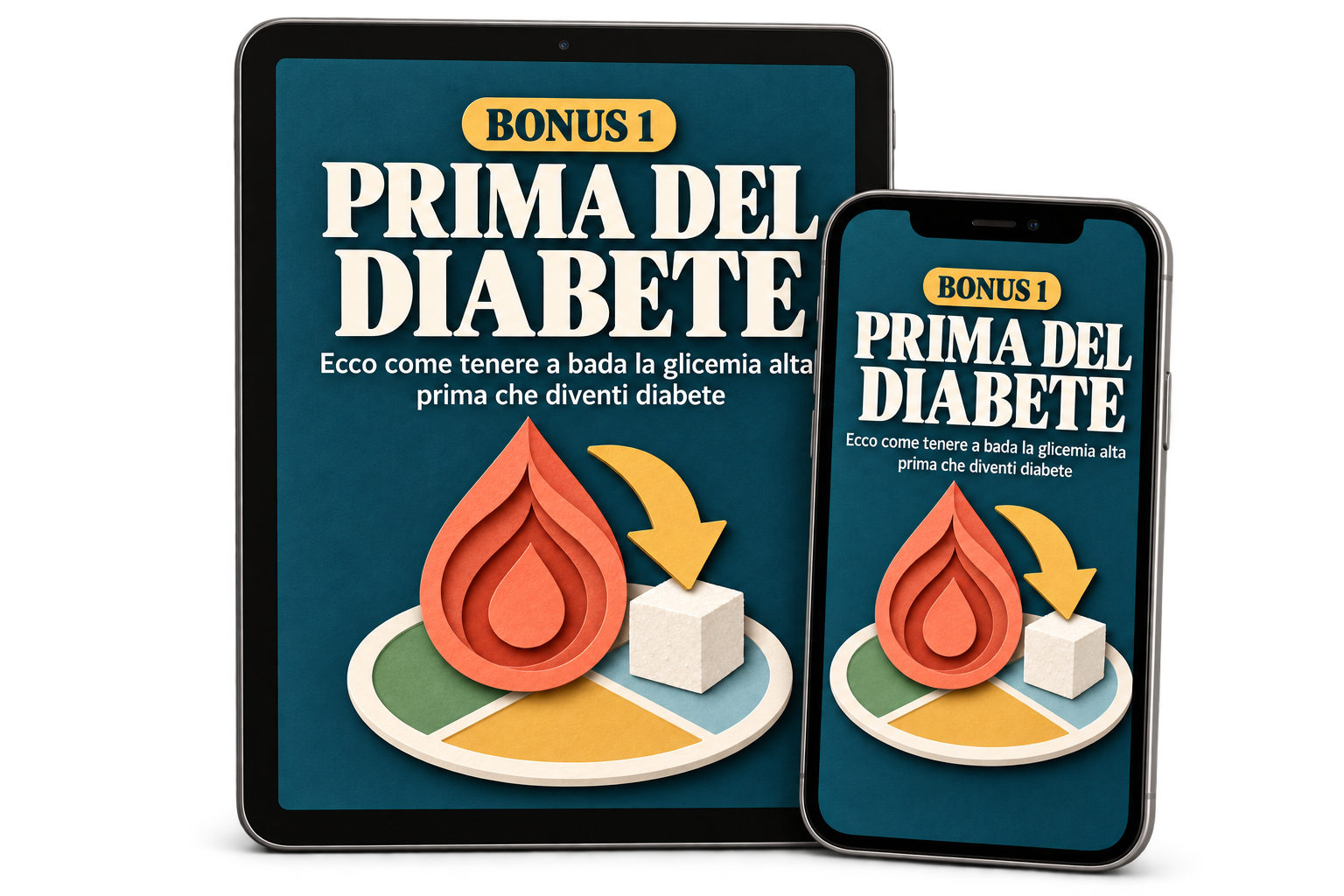 Copertina del bonus Prima del Diabete, su tablet e telefono