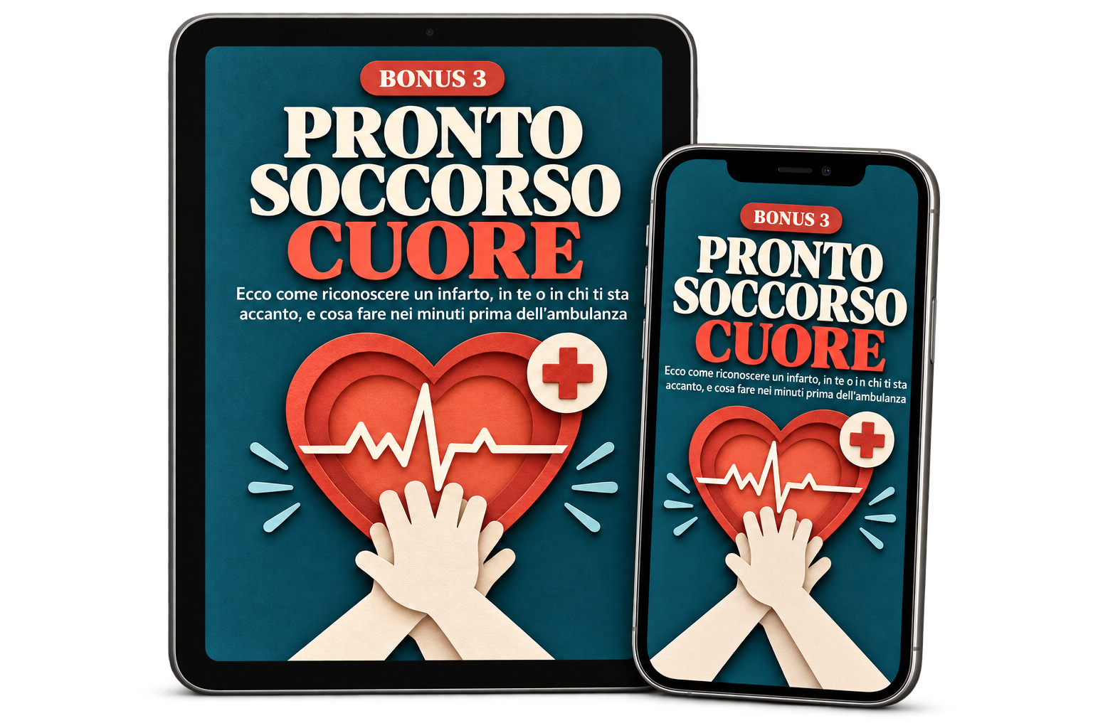 Copertina del bonus Pronto Soccorso Cuore, su tablet e telefono