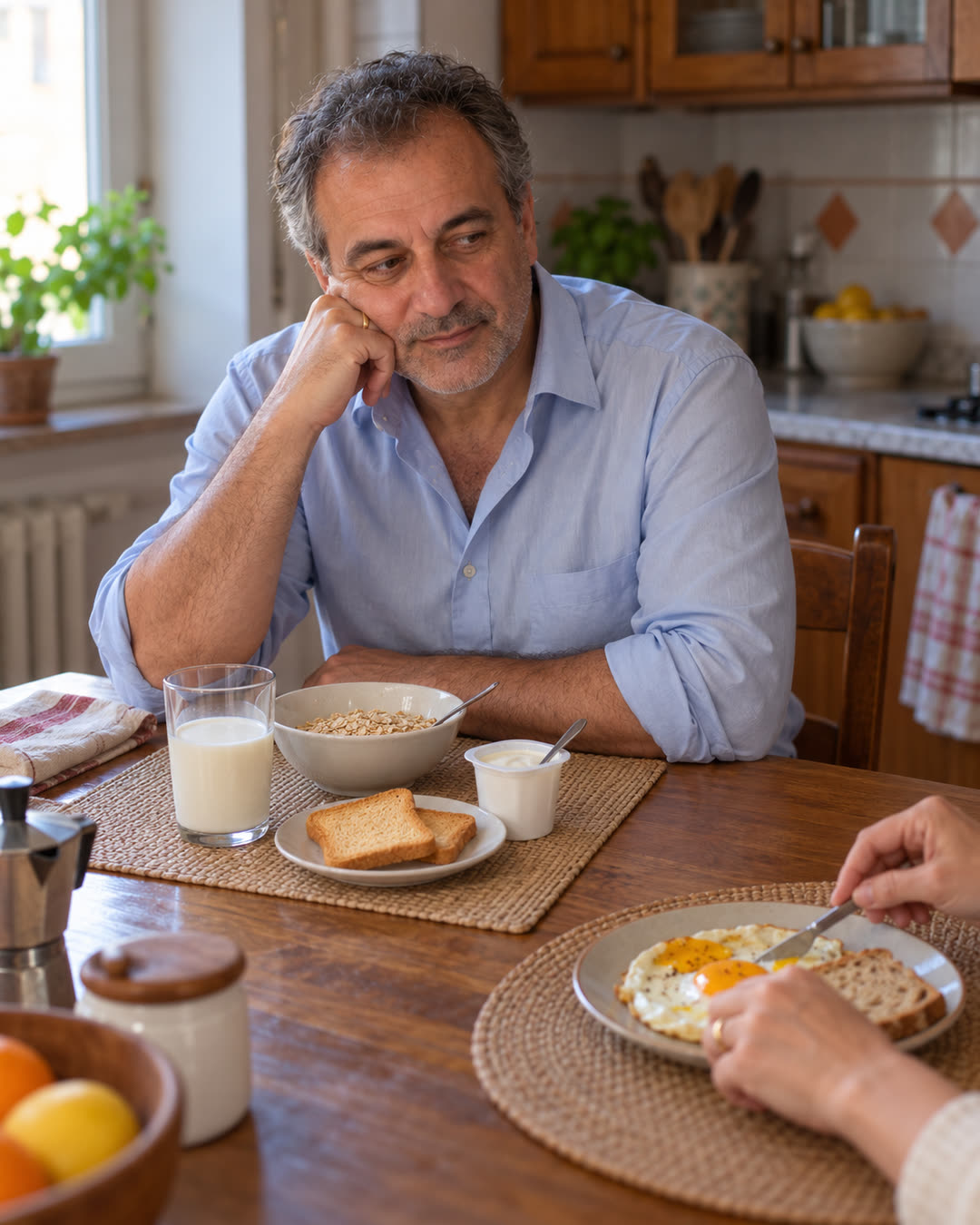 La colazione dei giorni feriali: latte scremato, fette biscottate, yogurt magro