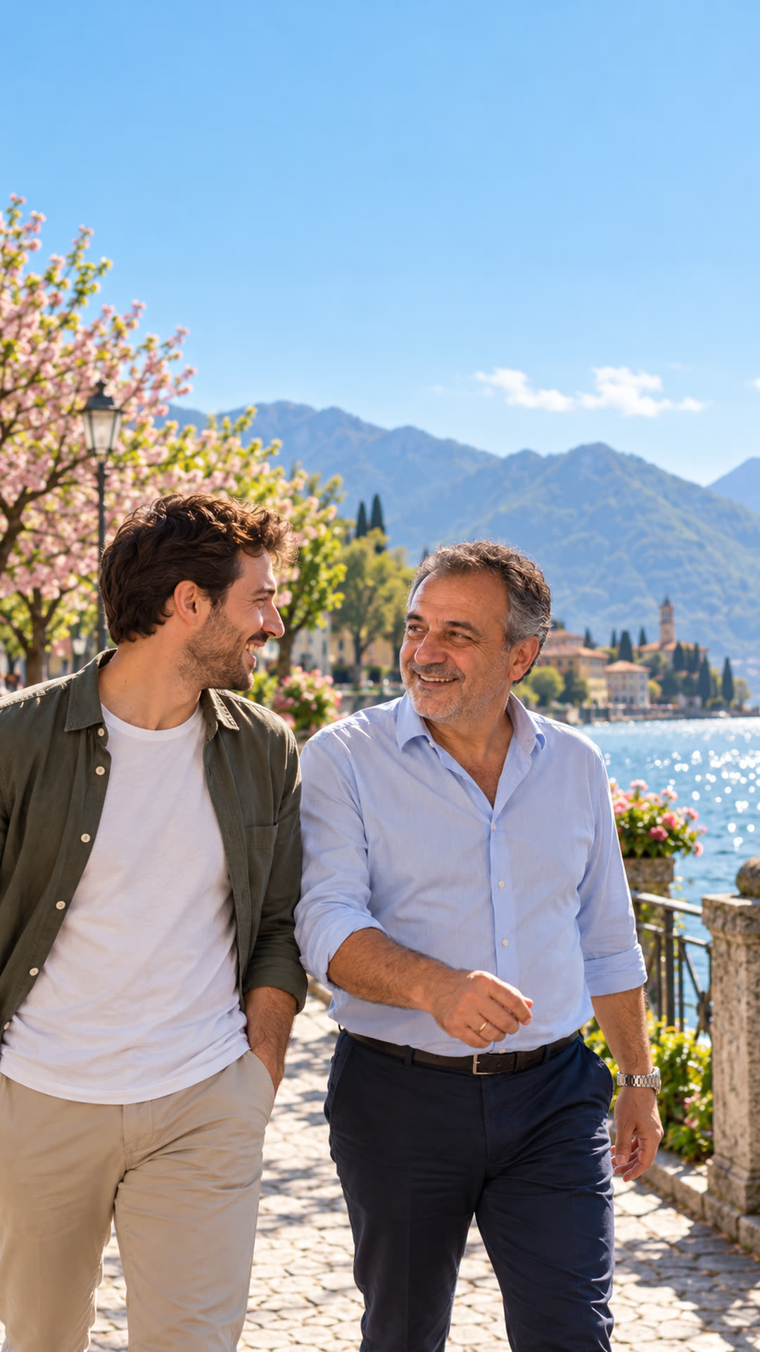 Maurizio cammina e ride col figlio sul lungolago, in primavera