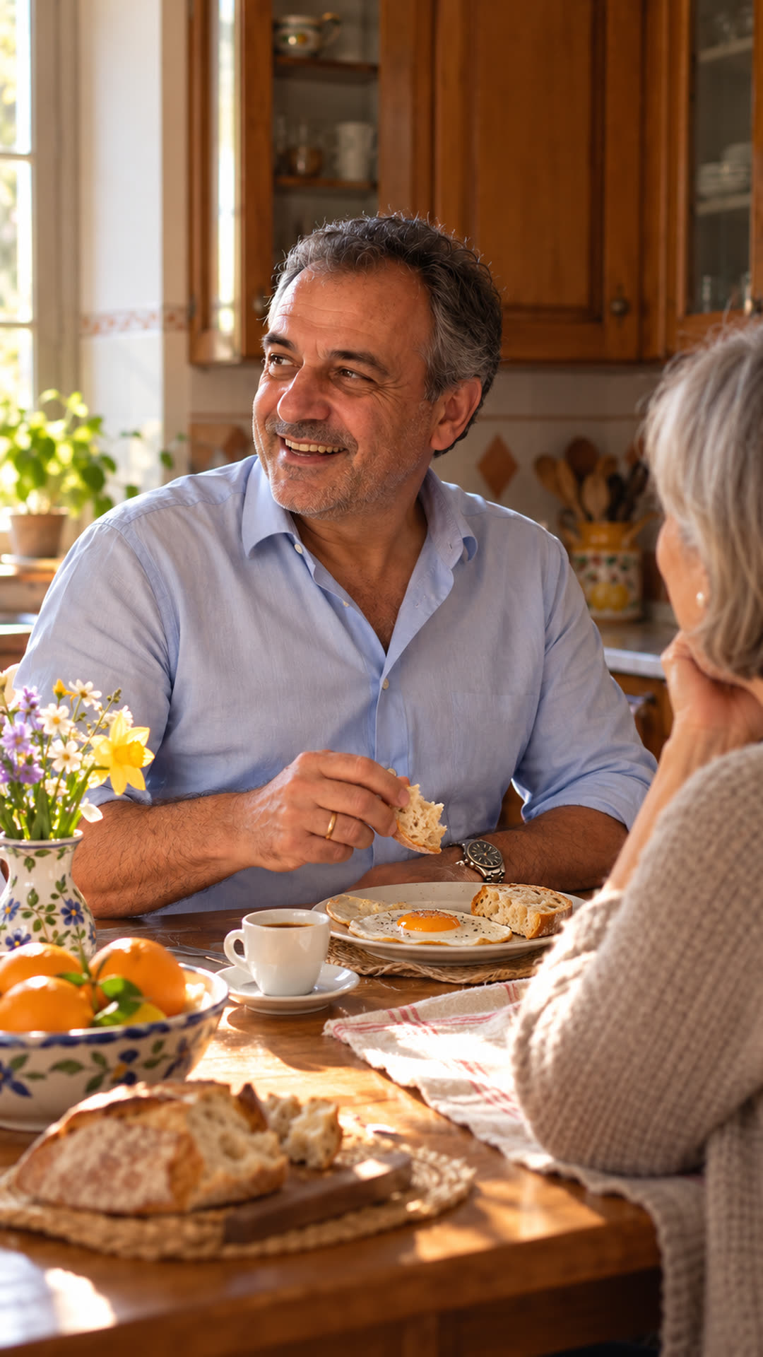 Maurizio la domenica mattina a colazione con l'uovo e il pane, ride con la moglie